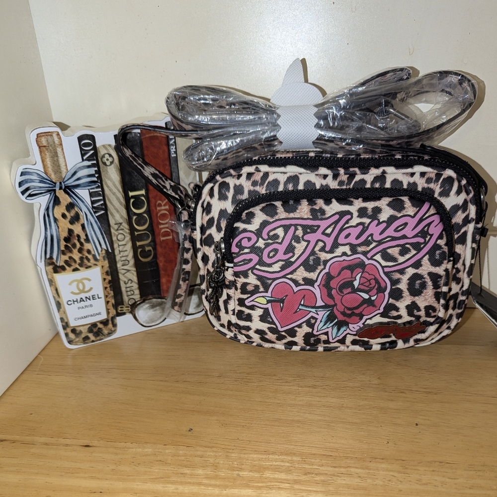 Ed Hardy Leopard Print Crossbody Bag with Pink Logo and Rose